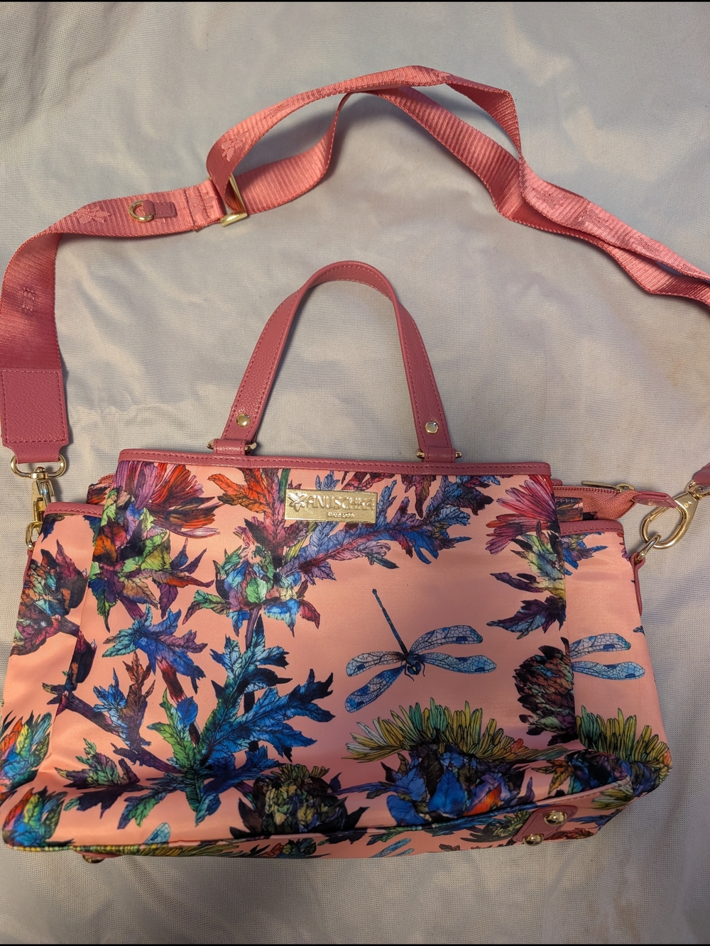 Anuschka Hand Painted Pink Floral & Dragonfly Satchel with Detachable Strap